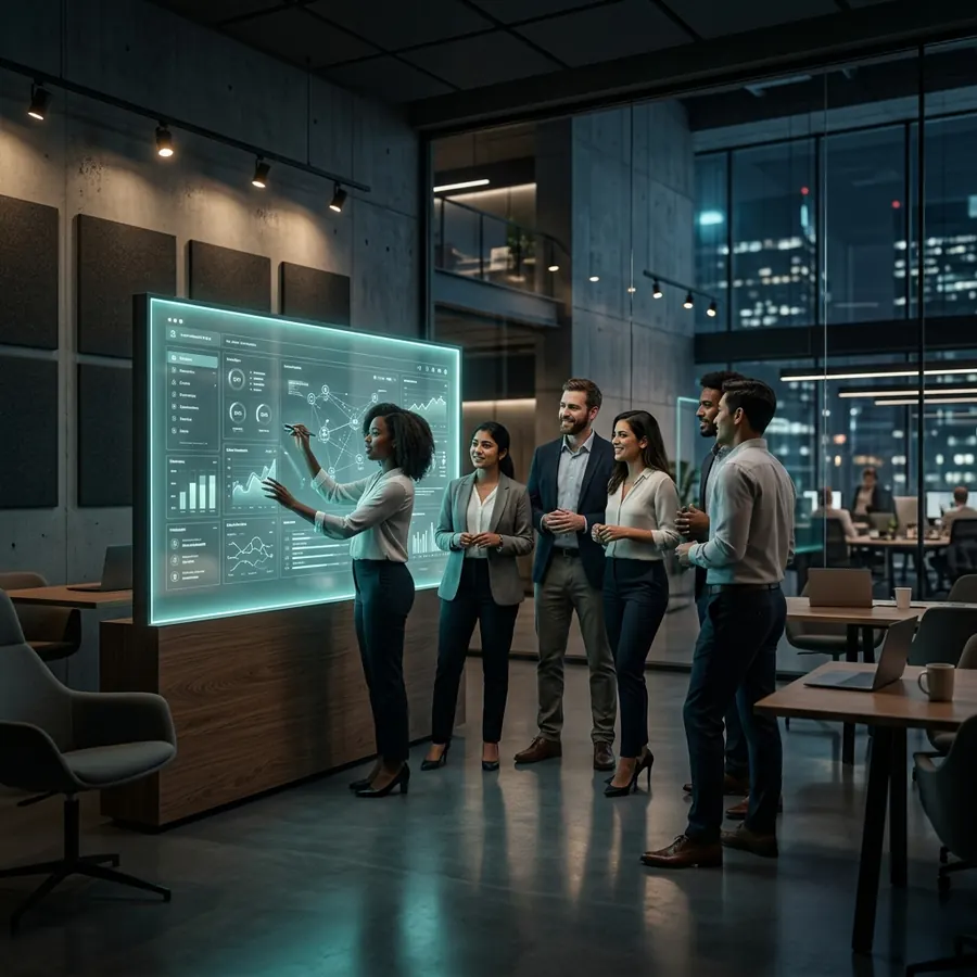 The NexusCore team reviewing a dashboard together